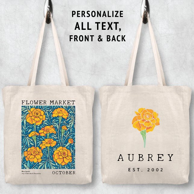 Bolsa Tote Marigold Floral Outubro Nascimento da Flor Nome do (Personalized October Birth Flower Market Tote Bag, Custom Name Bag, Bachelorette Bridesmaid Gifts )