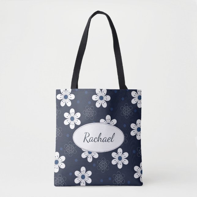 Bolsa Tote Marinho Azul Bonito Floral Personalizado (Frente)