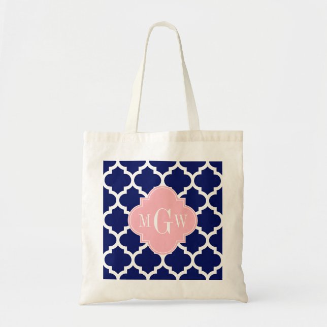 Bolsa Tote Marinho Azul Branco Marrocos #5 Rosa 3 Monograma I (Frente)