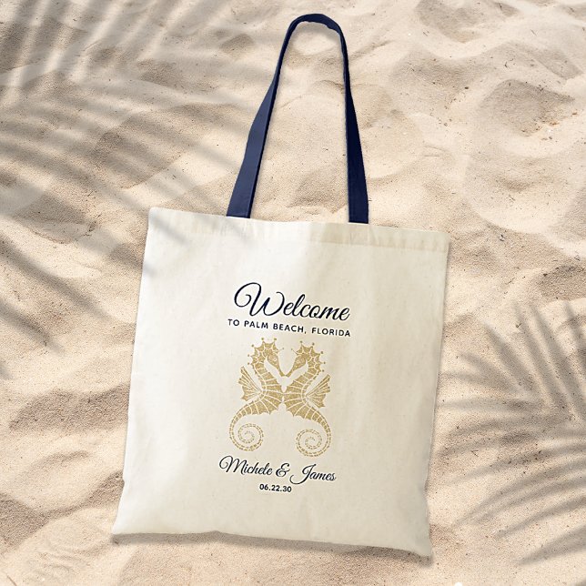 Bolsa Tote Marinho Azul Dourado Cavalos do Mar Boas-vindas (Criador carregado)