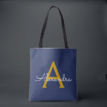 Bolsa Tote Marinho Azul Dourado Name Girly Script Monograma M<br><div class="desc">Marinho Azul e Elegante Dourado Adicione seu próprio nome Monograma Book Bag. Este Livro Bag pode ser personalizado para incluir seu nome inicial e próprio e ser dado como presente para o Natal,  Doce 16 Aniversário,  Chá de panela ou Casamento.</div>