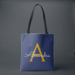 Bolsa Tote Marinho Azul Dourado Name Girly Script Monograma M<br><div class="desc">Marinho Azul e Elegante Dourado Adicione seu próprio nome Monograma Book Bag. Este Livro Bag pode ser personalizado para incluir seu nome inicial e próprio e ser dado como presente para o Natal,  Doce 16 Aniversário,  Chá de panela ou Casamento.</div>
