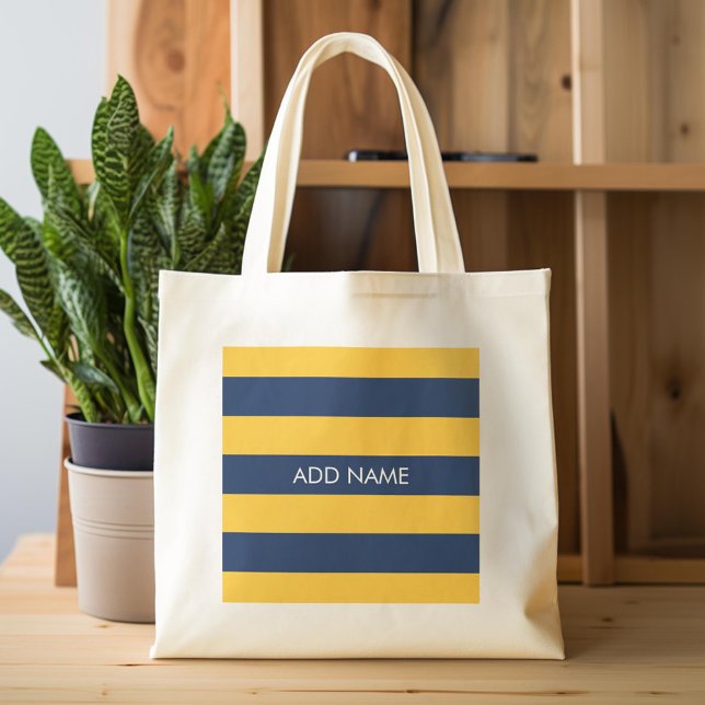 Bolsa Tote Marinho Azul e Amarelo Râguebi - Riscas Nome Perso (Custom Tote Bag)