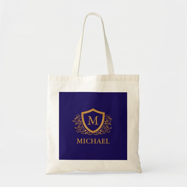 Bolsa Tote Marinho Azul e Dourado Nome do Monograma Personali (Frente)