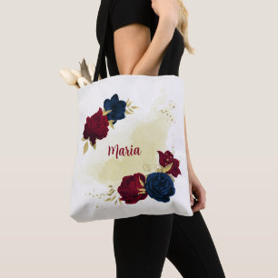 Bolsa Tote marinho azul e flores vermelhas ouro