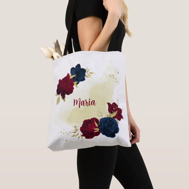 Bolsa Tote marinho azul e flores vermelhas ouro (Close Up)