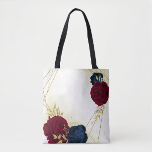 Bolsa Tote marinho azul e flores vermelhas ouro