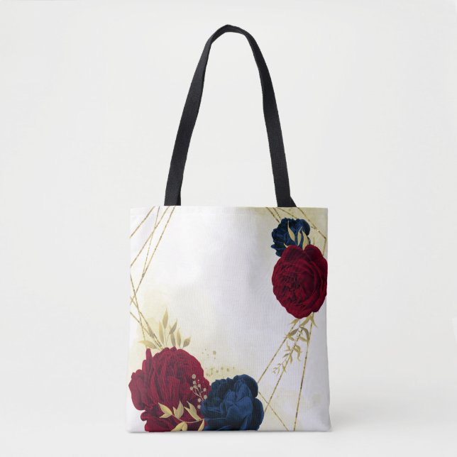 Bolsa Tote marinho azul e flores vermelhas ouro (Frente)