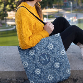 Bolsa Tote Marinho Azul Mandala Lotus Floral Monograma