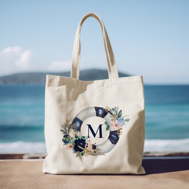 Bolsa Tote Marinho Azul Monograma Náutico Bridesmaid Floral (Criador carregado)