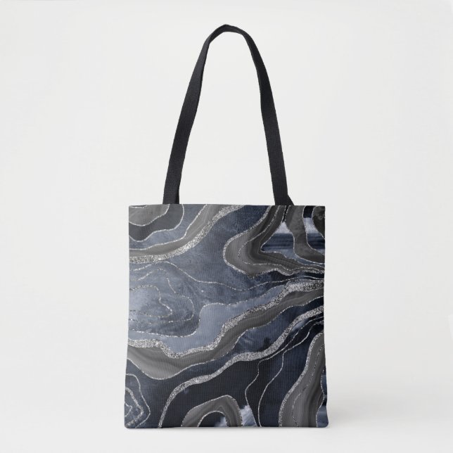Bolsa Tote Marinho Azul Preto Marble Agate Gliter Glam (Frente)