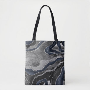 Bolsa Tote Marinho Azul Preto Marble Agate Silver Glitter Gla