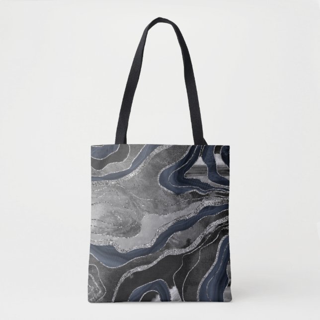Bolsa Tote Marinho Azul Preto Marble Agate Silver Glitter Gla (Frente)