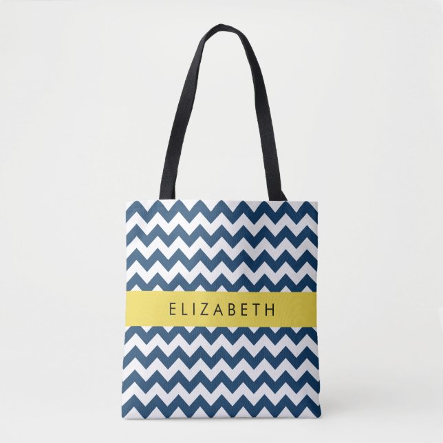 Bolsa Tote Marinho Azul Zigzag, Marinho Blue Chevron, Seu Nom (Frente)