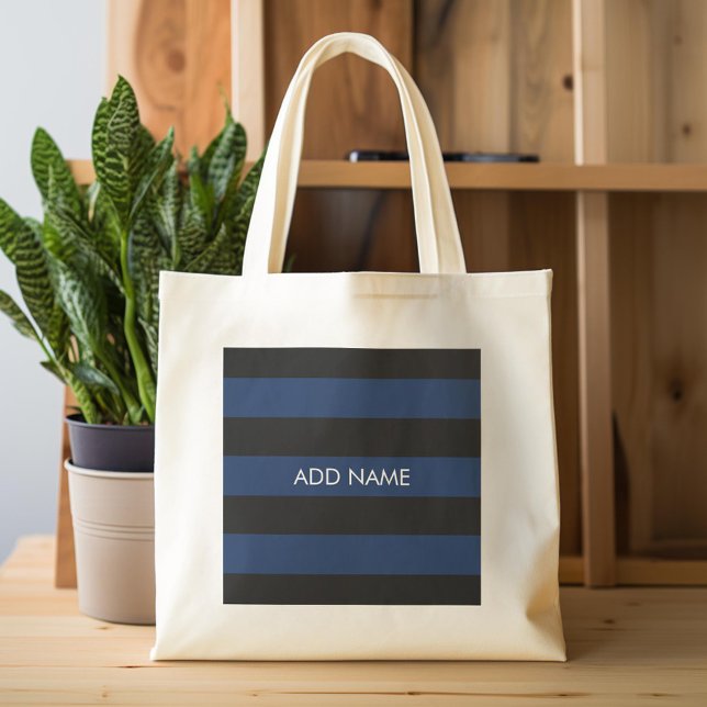 Bolsa Tote Marinho Blue e Black Rugby Stripes com nome person (Custom Tote Bag)