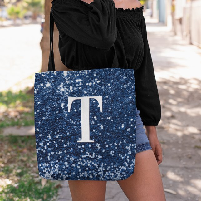 Bolsa Tote Marinho Blue Faux Glitter Bokeh Sparkly Monograma (Navy Blue Chunky Glitter Monogram Tote Bag)