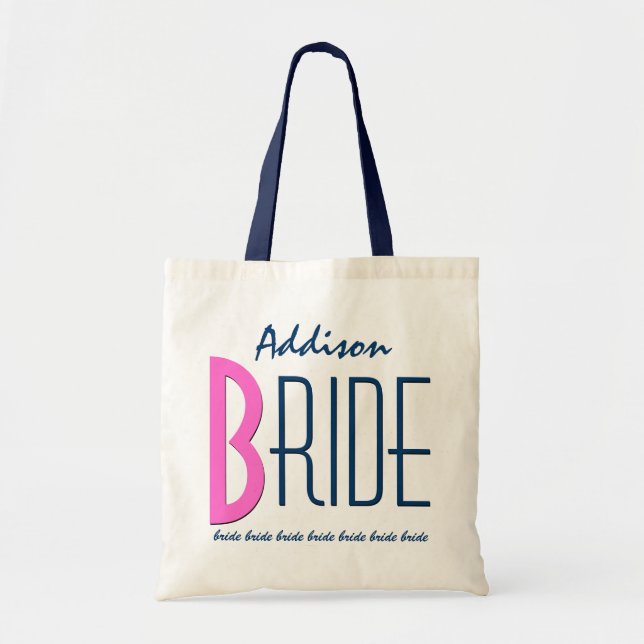 Bolsa Tote Marinho Blue Pink Custom Name Personalized Bride V (Frente)