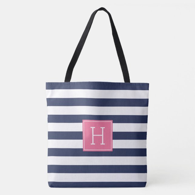 Bolsa Tote Marinho Blue Stripes e Monograma Rosa (Frente)