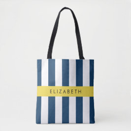 Bolsa Tote Marinho Blue Stripes, Padrão Strike, Seu Nome