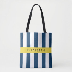 Bolsa Tote Marinho Blue Stripes, Padrão Strike, Seu Nome