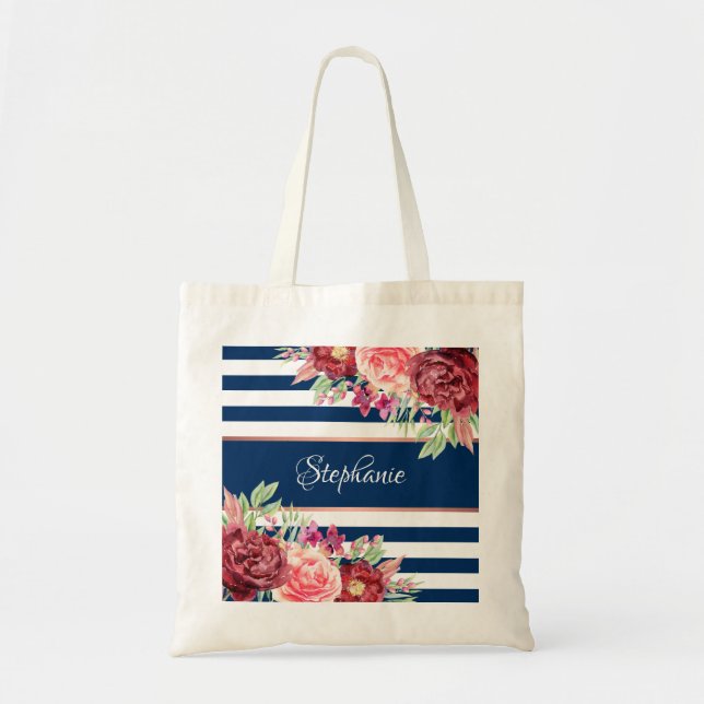 Bolsa Tote Marinho Borgonha Hidrográfica Monograma Floral com (Frente)