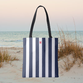 Bolsa Tote Marinho Cabana Stripe e Monograma Vermelho Persona