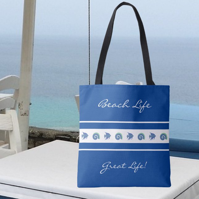Bolsa Tote Marinho Chic Blue White Strips Fish Shell Beach Li (Criador carregado)