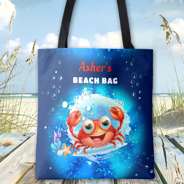 Bolsa Tote Marinho de caranguejo Blue Boy Piscina Beach Nome  (Crab Navy Blue Boy Pool Beach Custom Name Tote Bag)
