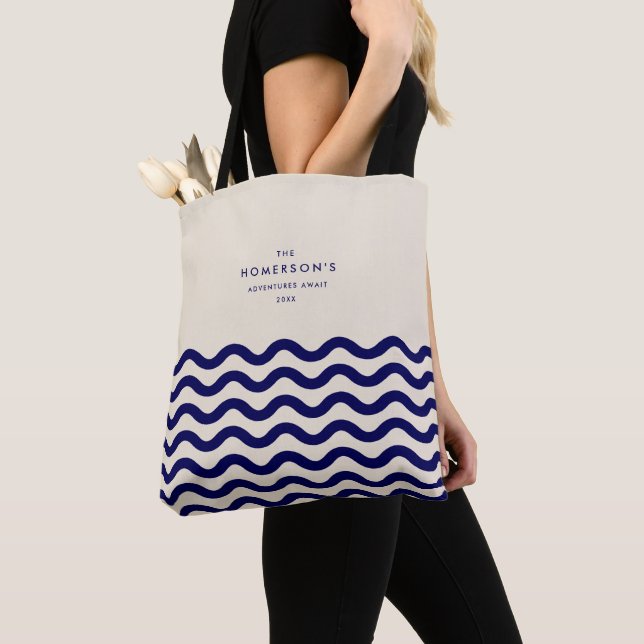 Bolsa Tote Marinho de Férias na moda Ondas Tropicais Azul (Close Up)