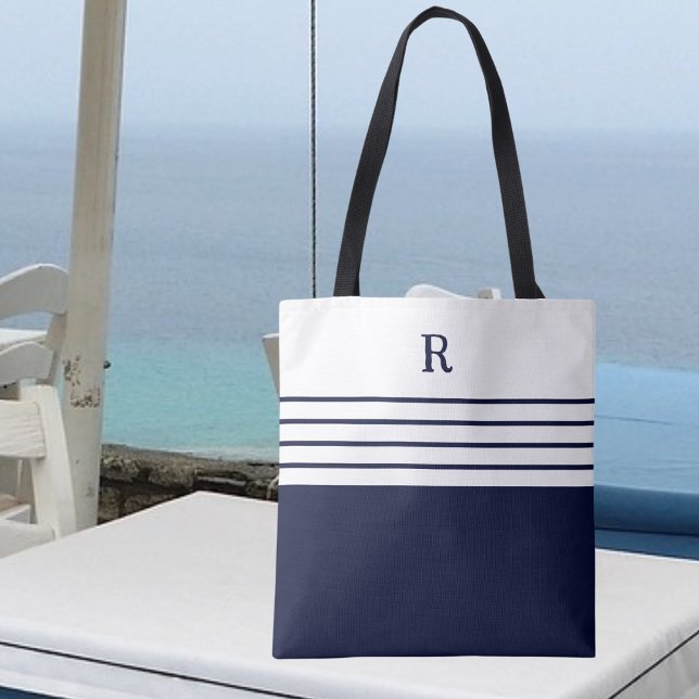 Bolsa Tote Marinho de Monograma Chic Blue Striped (Criador carregado)