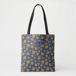 Bolsa Tote Marinho de Monograma de Flores Amarelas Retroativa