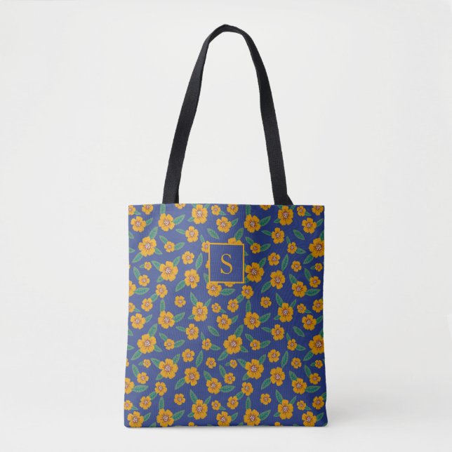 Bolsa Tote Marinho de Monograma de Flores Amarelas Retroativa (Frente)