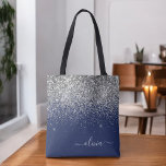 Bolsa Tote Marinho de prata Blue Glitter Girly Monographic No<br><div class="desc">Marinho Azul e Silver Faux Sparkle e Glitter Elegante Monograma Bag. Este Livro Bag pode ser personalizado para incluir seu nome inicial e próprio e ser dado como presente para o Natal,  Doce 16 Aniversário,  Chá de panela ou Casamento.</div>