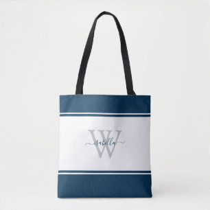 Bolsa Tote Marinho de Script Modern Girly Monograma Azul