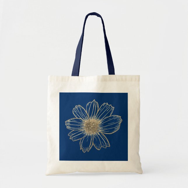 Bolsa Tote Marinho design Floral ouro Azul (Frente)