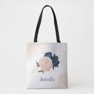 Bolsa Tote marinho e flores rosadas, cor-de-rosa, verdes