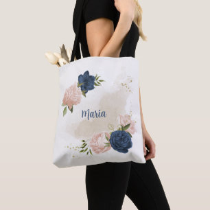 Bolsa Tote marinho e flores rosadas, cor-de-rosa, verdes