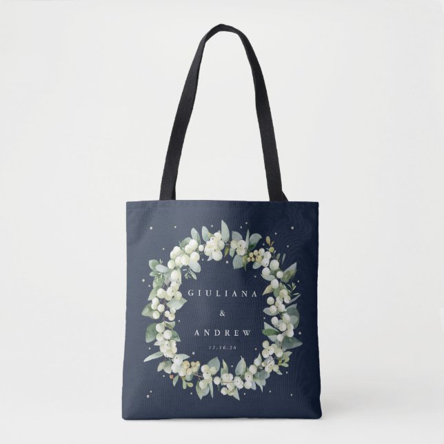 Bolsa Tote Marinho escuro Snowberry+Eucalyptus Casamento no i (Frente)