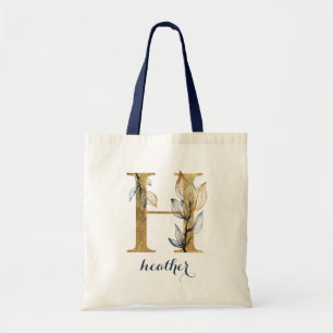 Bolsa Tote Marinho Floral Azul Dourado Folha Personalizada "H