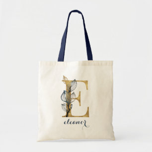 Bolsa Tote Marinho Floral Azul Dourado Folha Personalizada Le