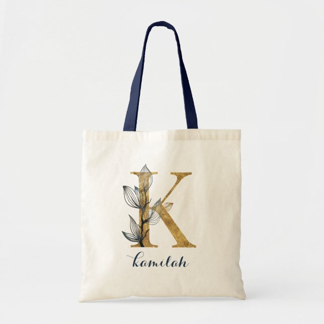 Bolsa Tote Marinho Floral Azul Dourado Leaf Personalizado Lea (Frente)