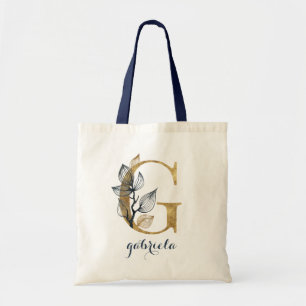 Bolsa Tote Marinho Floral Azul Dourado Leaf Personalizado Lea