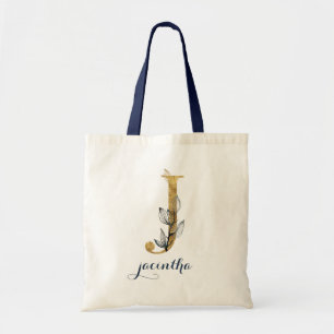 Bolsa Tote Marinho Floral Azul Dourado Leaf Personalizado Lea