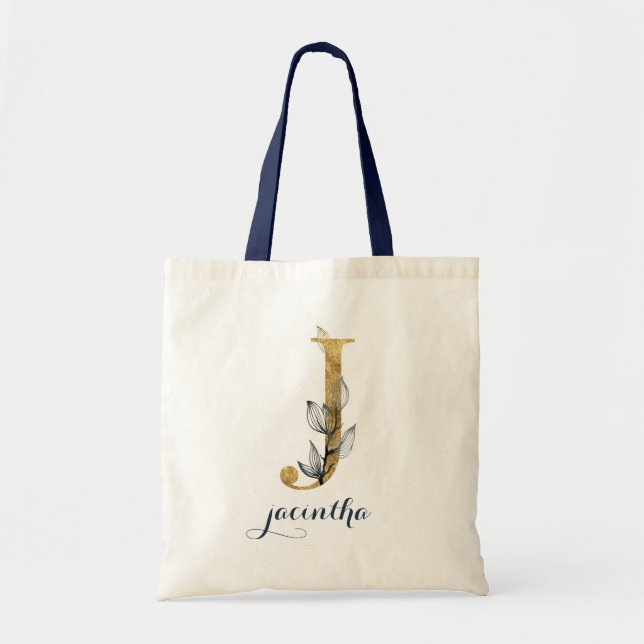 Bolsa Tote Marinho Floral Azul Dourado Leaf Personalizado Lea (Frente)