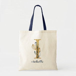 Bolsa Tote Marinho Floral Azul Dourado Leaf Personalizado Lea