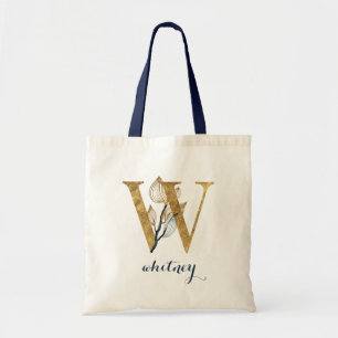 Bolsa Tote Marinho Floral Azul Dourado Leaf Personalizado Lea
