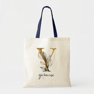 Bolsa Tote Marinho Floral Azul Dourado Leaf Personalizado Lea