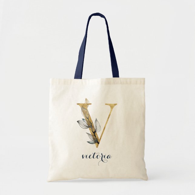 Bolsa Tote Marinho Floral Azul Dourado Leaf Personalizado Lea (Frente)