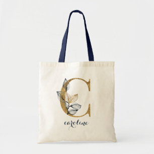 Bolsa Tote Marinho Floral Azul Dourado Leaf Personalizado Lea