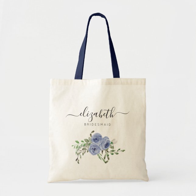Bolsa Tote Marinho Floral Azul Personalizado Bridesmaid (Frente)